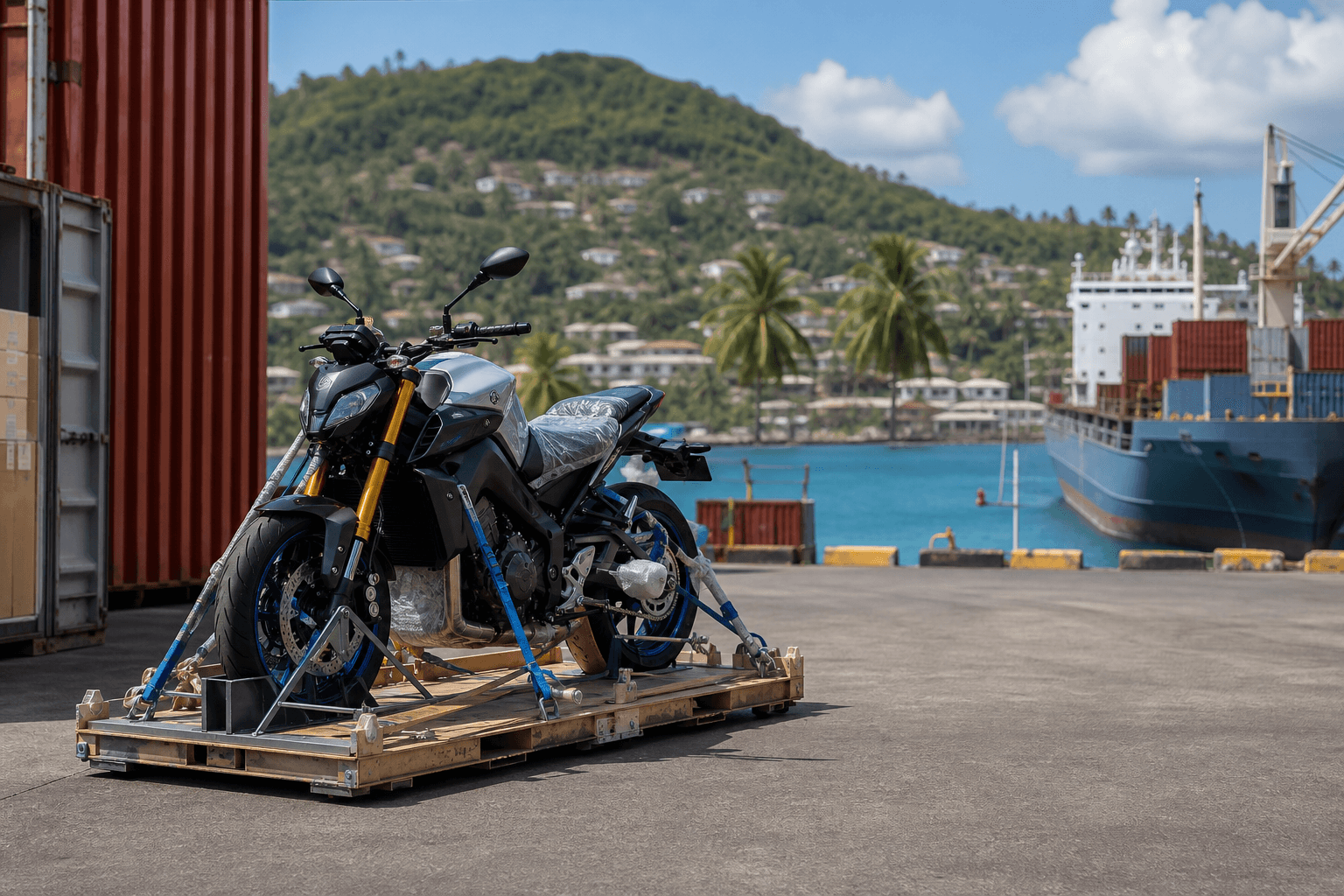 Moto préparée pour un transport maritime vers Mayotte