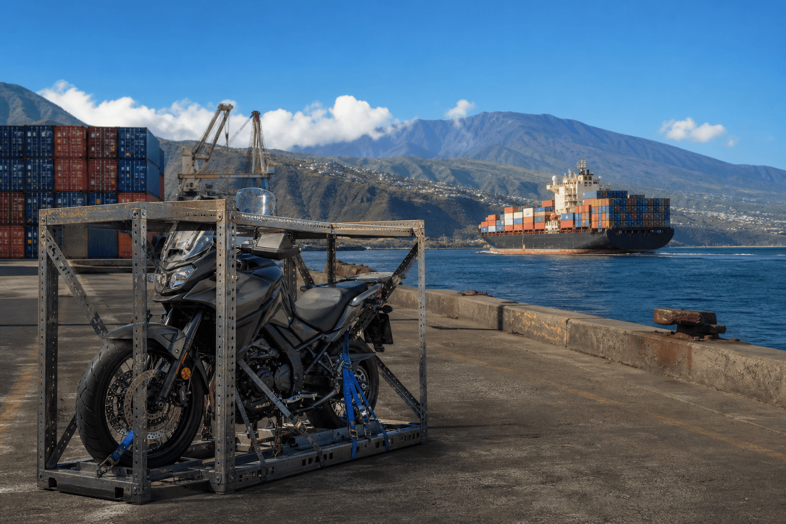 Moto préparée pour un transport depuis La Réunion