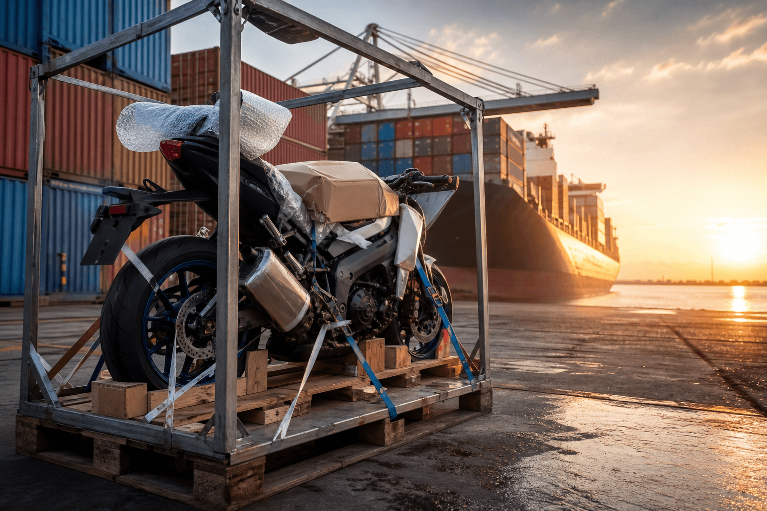 Moto préparée pour un transport maritime vers La Réunion